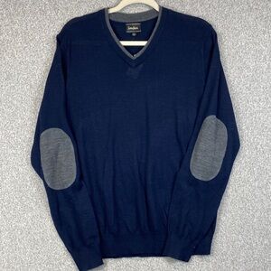 Neiman Marcus merino wool sweater L elbow patches v-neck navy & gray warm basics